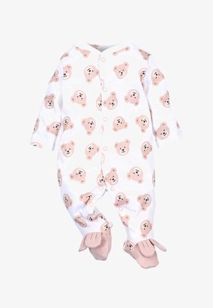 White onesie featuring a repeated bear face pattern in soft pink. Designed with long sleeves and snap buttons, it has beige footed accents.