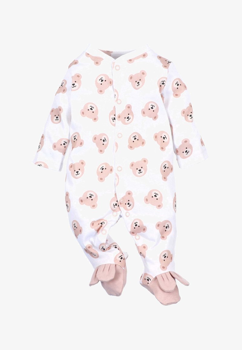 Witte romper met een herhaald berengezicht patroon in zacht roze. Ontworpen met lange mouwen en drukknoopjes, heeft het beige voetaccenten.