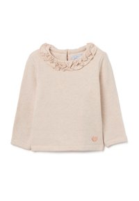 Helles rosa Langarmoberteil mit einem rüschengeschmückten Kragen, weicher Textur, gesticktem Herzlogo am Saum und einem Verschlussdetail hinten.