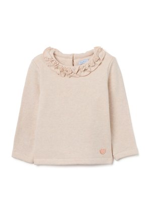 Top de manga larga rosa claro con cuello volado, textura suave, logotipo de corazón bordado en el dobladillo y detalle de cierre en la parte posterior.