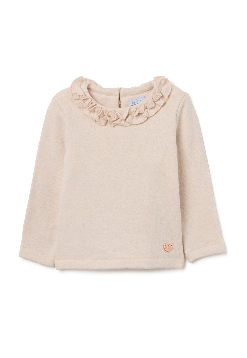 Helles rosa Langarmoberteil mit einem rüschengeschmückten Kragen, weicher Textur, gesticktem Herzlogo am Saum und einem Verschlussdetail hinten.