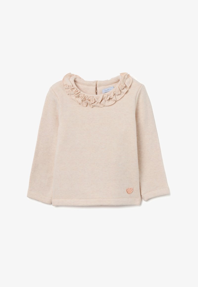 Helles rosa Langarmoberteil mit einem rüschengeschmückten Kragen, weicher Textur, gesticktem Herzlogo am Saum und einem Verschlussdetail hinten.