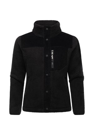 Veste polaire noire avec col montant, boutons-pression, poche poitrine zippée et panneaux en tissu texturé aux épaules et à la poitrine.