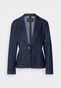 Mørkeblå denimblazer med spiss krage, enkelt knappelukking, og kontrastfarget gulltråd. Tilpasset passform med lange ermer.