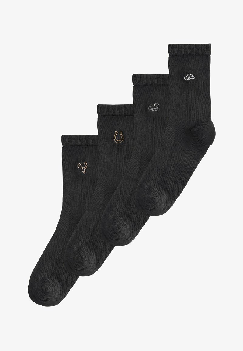 Cztery czarne skarpety do kostki z małymi haftowanymi symbolami: kapelusz kowbojski, koń, podkowa oraz tańcząca postać od prawej do lewej.