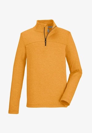 Oranger Half-Zip-Pullover aus strukturiertem Stoff, mit langen Ärmeln, Stehkragen und einem schwarzen Reißverschluss.