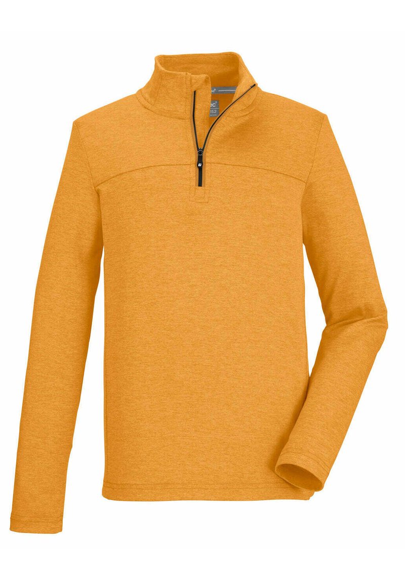 Oranger Half-Zip-Pullover aus strukturiertem Stoff, mit langen Ärmeln, Stehkragen und einem schwarzen Reißverschluss.