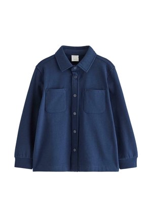Marineblaue Langarm-Hemdjacke mit zwei Brusttaschen, Knopfleiste vorne und spitzem Kragen.