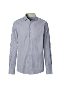 Long-sleeve button-up shirt in white and navy horizontal stripes, featuring a standard collar and rounded hem, crafted from lightweight cotton fabric.