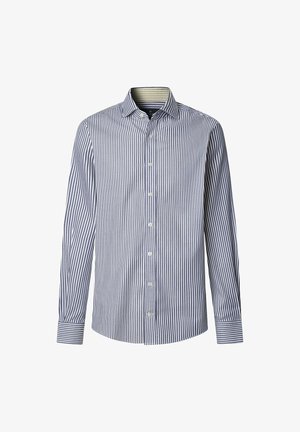 Skjorta med långa ärmar i vitt och marinblå horisontella ränder, med standardkrage och rundad nederkant, tillverkad av lätt bomullstyg.