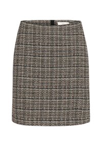 Lühike pruun tweed seelik, millel on ruuduline muster. Omab sileda tekstuuri, sobivat lõiget ja peidetud selja lukku.