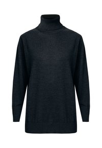 Maglione a collo alto grigio scuro realizzato in morbido tessuto a maglia, con maniche lunghe, collo alto e una vestibilità rilassata. Nessun motivo o accento.