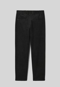Pantalons en velours côtelé noir avec une coupe droite, dotés d'une taille élastique et de deux poches arrière, affichant une texture côtelée.