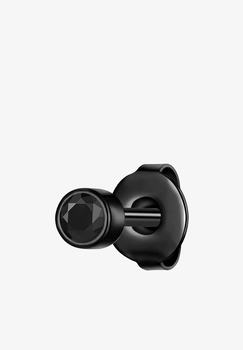 Melna metāla durvju rokturis ar daudzfacētu melnu kristāla akcentu; gluda, noapaļota forma ar aplocīgu aizmugurējo plati un taisnu kātu.