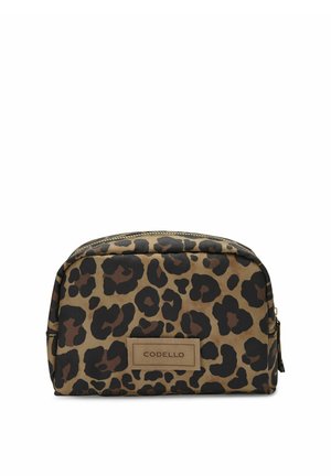 Leopard print cosmetic pouch in beige and brown tones, featuring a zip closure and a rectangular shape. Includes a branded label.