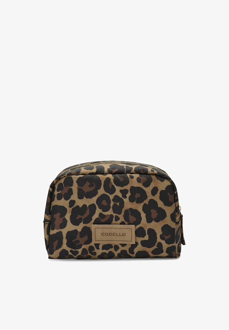 Cosmetica pouch met luipaardprint in beige en bruine tinten, met een ritssluiting en een rechthoekige vorm. Inclusief een merklabel.