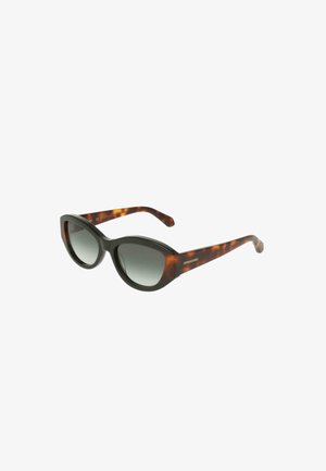 Cat-eye tortoiseshell sunglasses with gradient gray lenses and "Ferragamo" logo on the temple arm.