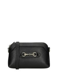 Černá kožená křížová ta�ška s texturovaným povrchem, zdobená zlatými kovovými detaily a se zapínáním na zip. Součástí je nastavitelný popruh.