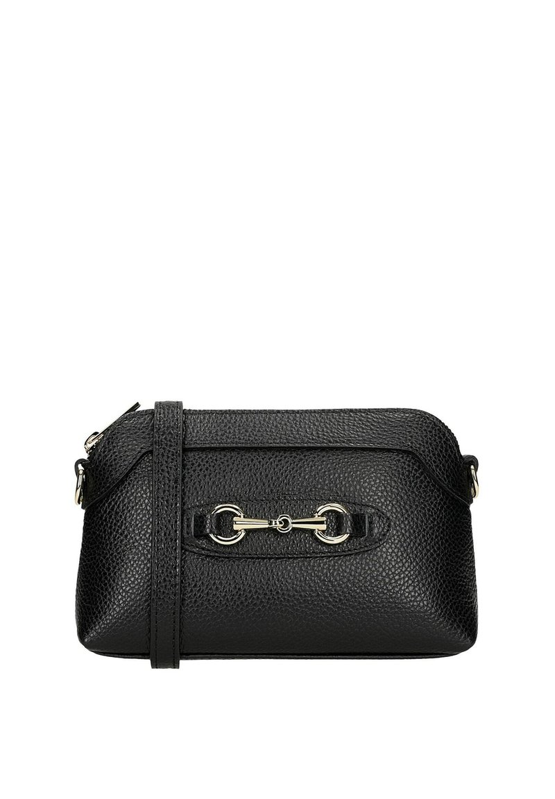 Černá kožená křížová taška s texturovaným povrchem, zdobená zlatými kovovými detaily a se zapínáním na zip. Součástí je nastavitelný popruh.