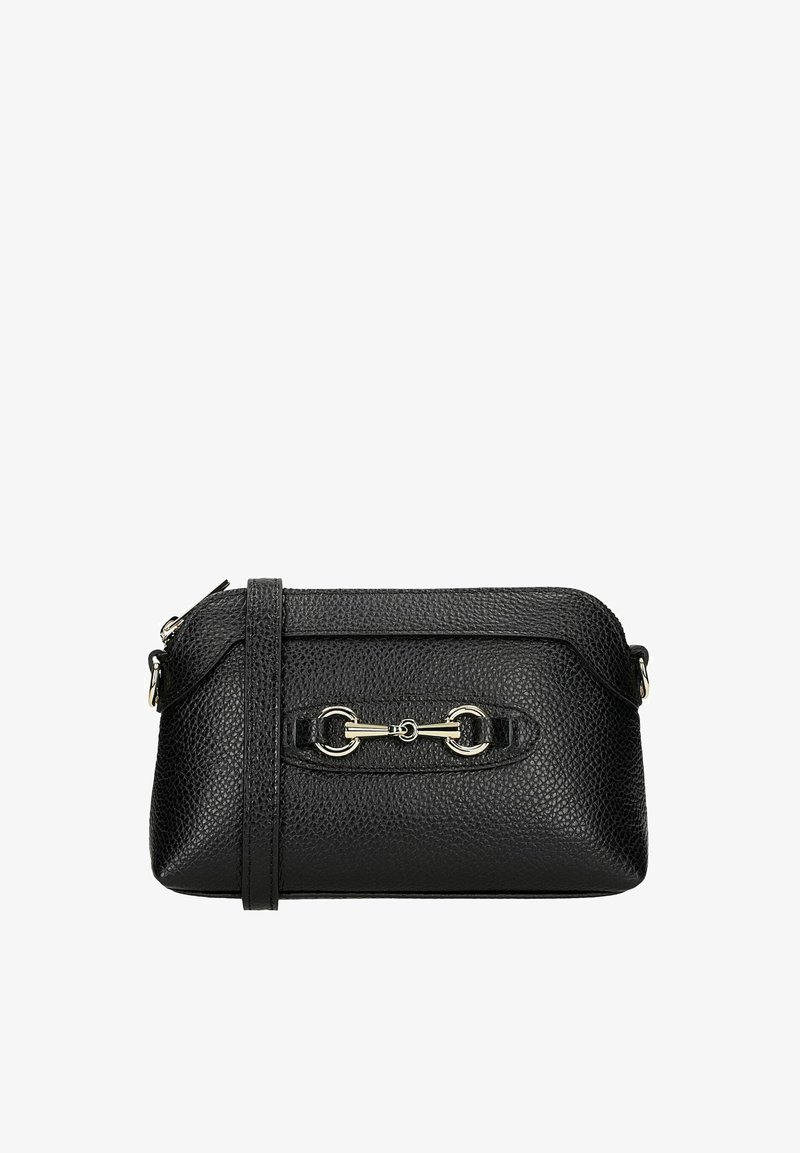 Borsa a tracolla in pelle nera con finitura testurizzata, dotata di dettagli in metallo dorato e chiusura a zip. Include una tracolla regolabile.