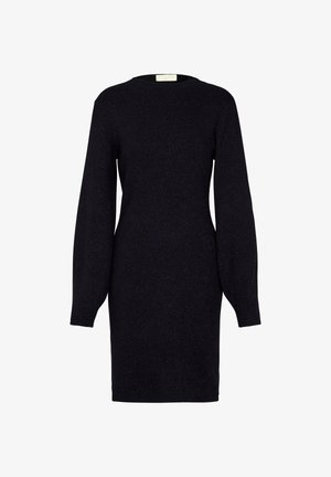 Schwarzes Strickkleid mit rundem Halsausschnitt, langen Puffärmeln, geripptem Muster und figurbetontem Schnitt. Mit dezenten metallischen Fäden.