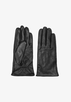 Czarne skórzane rękawice o gładkiej teksturze, z trzema pionowymi przeszyciami na grzbiecie oraz elastycznym ściągaczem w nadgarstku.