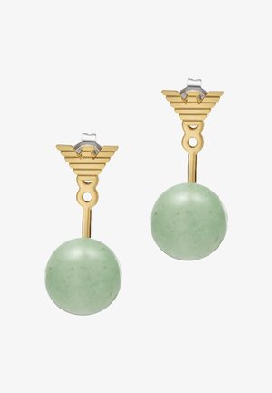 Orecchini in tono oro caratterizzati da un design a forma di ali, un accento in cristallo trasparente e sfere di giada verde lisce.
