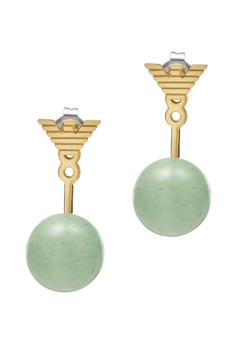 Kullakarva kõrvarõngad, millel on eristuv tiiva kuju, selge kristallist aksessuaar ja siledad rohelised jadepallid.