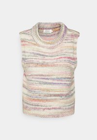 Maglione senza maniche lavorato a maglia con collo alto, caratterizzato da un motivo a strisce multicolori in toni pastello morbidi, realizzato in un filato testurizzato.