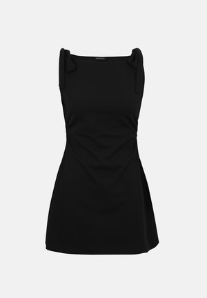 Zwarte mouwloze jurk met vierkante halslijn en gestrikte schouderbandjes, getailleerde taille en licht uitlopende A-lijn rok.