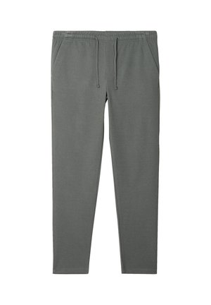Szare dresowe spodnie wykonane z miękkiego materiału, z elastycznym paskiem w talii z sznurkiem, bocznymi kieszeniami i zwężanym krojem nogawek.