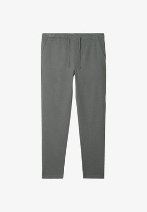 Pantalones jogger grises fabricados con una tela suave, que cuentan con un cinturón elástico con cordón de ajuste, bolsillos laterales y un diseño de pierna ajustada.