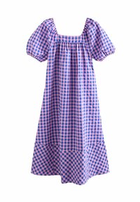 Gingham-Kleid mit quadratischem Ausschnitt, Puffärmeln und abwechselnden rosa und blauen Karos, mit gerafftem Bund und lockerer Passform.