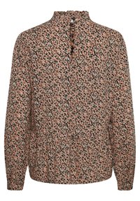 Långärmad blus i en rosa blommig tryck på svart bakgrund, med hög halsringning, knappstängning bak och rynkad textur.