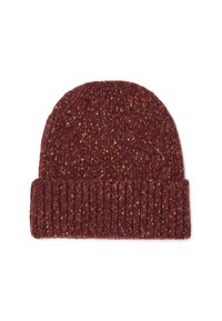 Cappello a berretto lavorato a maglia di color maroon con risvolto a coste, che presenta una trama di lana mista con sfumature di fibre arancioni, viola e crema.
