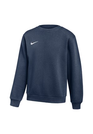 Mørkeblå langærmet crewneck sweatshirt med ribstrikkede manchetter og kant, med lille hvid Nike swoosh-logo på venstre bryst.
