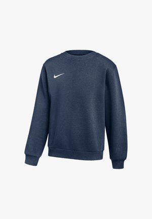 Ciemnoniebieska bluza z długim rękawem i okrągłym dekoltem, ze ściągaczami na rękawach i u dołu, z małym białym logo Nike swoosh na lewej piersi.