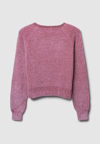 Maglione corto rosa con texture a costine, scollo tondo e maniche lunghe. Presenta una vestibilità leggermente ampia e polsini e orlo a costine.