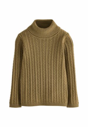 Brauner gestrickter Pullover mit Zopfmuster, langen Ärmeln und einem hohen, gerippten Rollkragen.