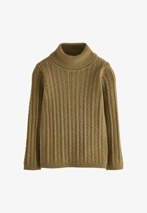 Brauner gestrickter Pullover mit Zopfmuster, langen Ärmeln und einem hohen, gerippten Rollkragen.