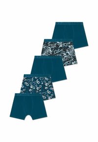 Fem par boxerkalsonger i varierande mönster: enhetlig teal, svart och vit marmorerad, blommönster, med en mjuk midjeresår.