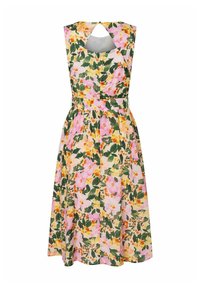 Blumenkleid mit ärmellosem Design, das einen hellrosa Hintergrund, grüne Blätter und gelb-orangefarbene Akzente aufweist. Detail mit Schlüsselkerbe im Rücken.
