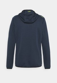 Pull-over à capuche bleu marine avec un motif rayé texturé, manches longues et un ourlet noir. Logo CMP visible en vert à l'arrière du col.
