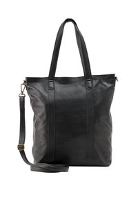 Borsa tote in pelle nera con due manici superiori e una tracolla rimovibile. Presenta dettagli di cucitura verticale e una texture liscia.
