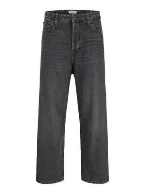 Čierne rifle s rovnými nohavicami a vysokým pásom, zapínaním na gombík a zips, pútkami na opasok a prednými aj zadnými vreckami.