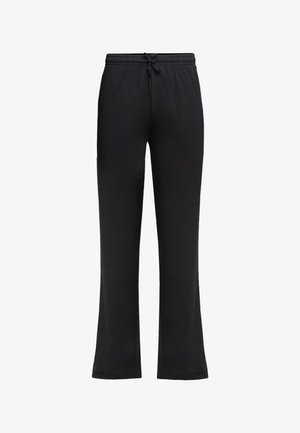 Schwarze Sporthose mit einem Kordelzugbund, ausgestellten Beinen, weichem Stoff und seitlichen Taschen für zusätzlichen Komfort.