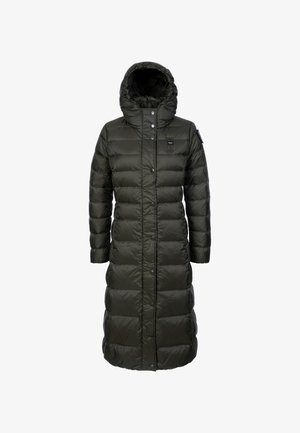 Lang, gevoerd jasje in donkergroen, met capuchon, drukknoopsluiting en een rechte snit. Gemaakt van lichtgewicht, waterafstotend materiaal.