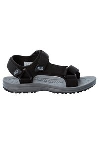 Sandalias exteriores negras con suela gris, que cuentan con correas ajustables, una plantilla texturizada y una suela de goma duradera para mayor tracción.
