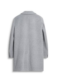 Cappotto di lana grigio con forma dritta e maniche lunghe. Presenta un colletto a risvolto e una schiena pulita senza decorazioni.