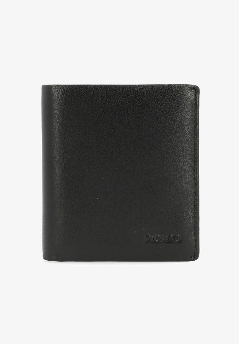 Portafoglio nero in pelle con finitura testurizzata, design pieghevole a due ante, angoli arrotondati e logo "PIGARD" in rilievo nell'angolo inferiore destro.